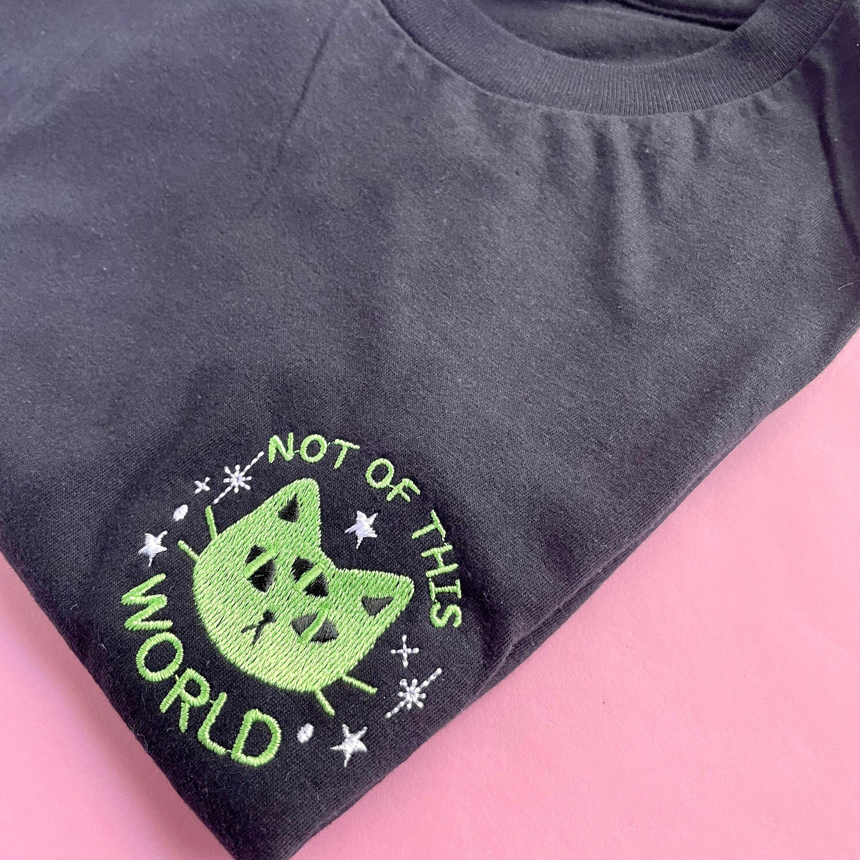 NOT OF THIS WORLD - ALIEN CAT EMBROIDERED T-SHIRT, ADULT UNISEX