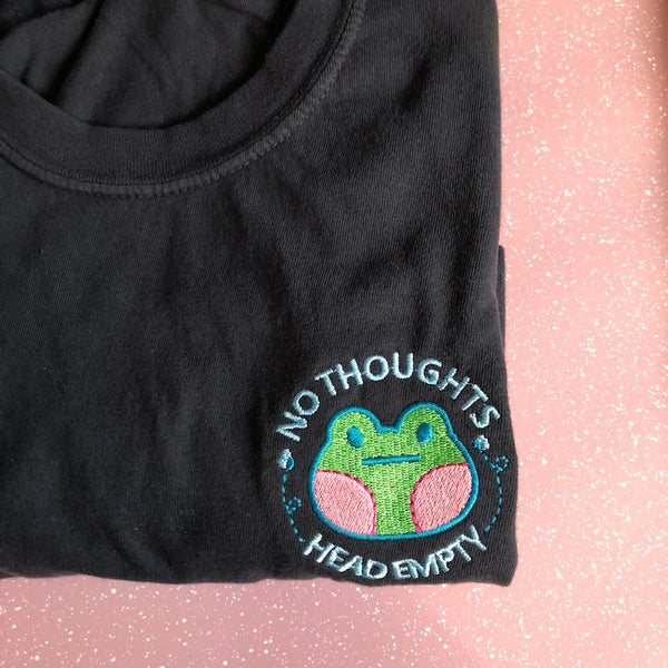 NO THOUGHTS HEAD EMPTY FROG EMBROIDERED T-SHIRT, ADULT UNISEX