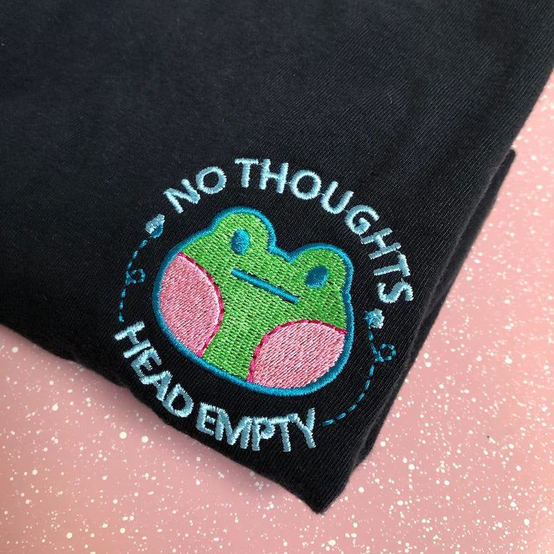 NO THOUGHTS HEAD EMPTY FROG EMBROIDERED T-SHIRT, ADULT UNISEX