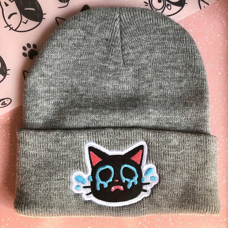 CRYING BLACK CAT EMBROIDERED BEANIE