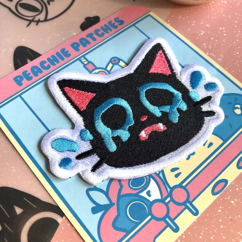 CRYING BLACK CAT EMBROIDERED IRON ON PATCH