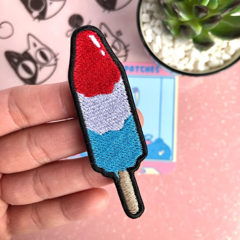RED, WHITE AND BLUE ROCKET POPSICLE EMBROIDERED IRON ON PATCH