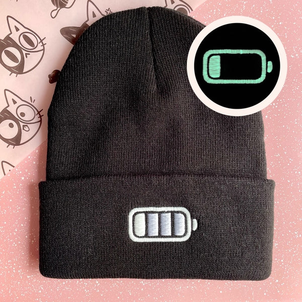 GLOW IN THE DARK FULL BATTERY AND LOW BATTERY EMBROIDERED BEANIE