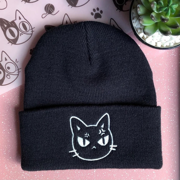 GLOW IN THE DARK ANGRY CAT EMBROIDERED BEANIE