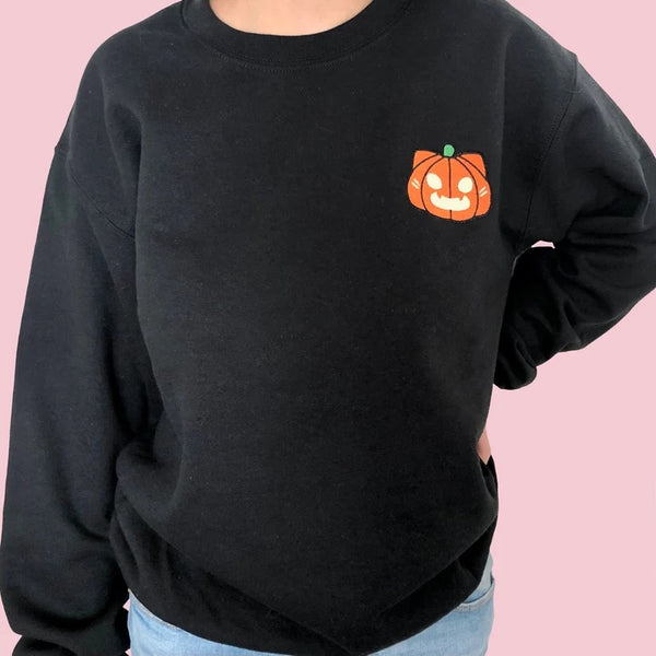 Glow In The Dark Pumpkin Cat Embroidered Sweatshirt, Adult Unisex