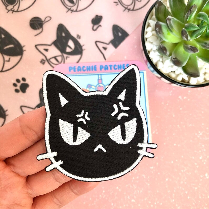 GLOW IN THE DARK ANGRY CAT EMBROIDERED IRON ON PATCH
