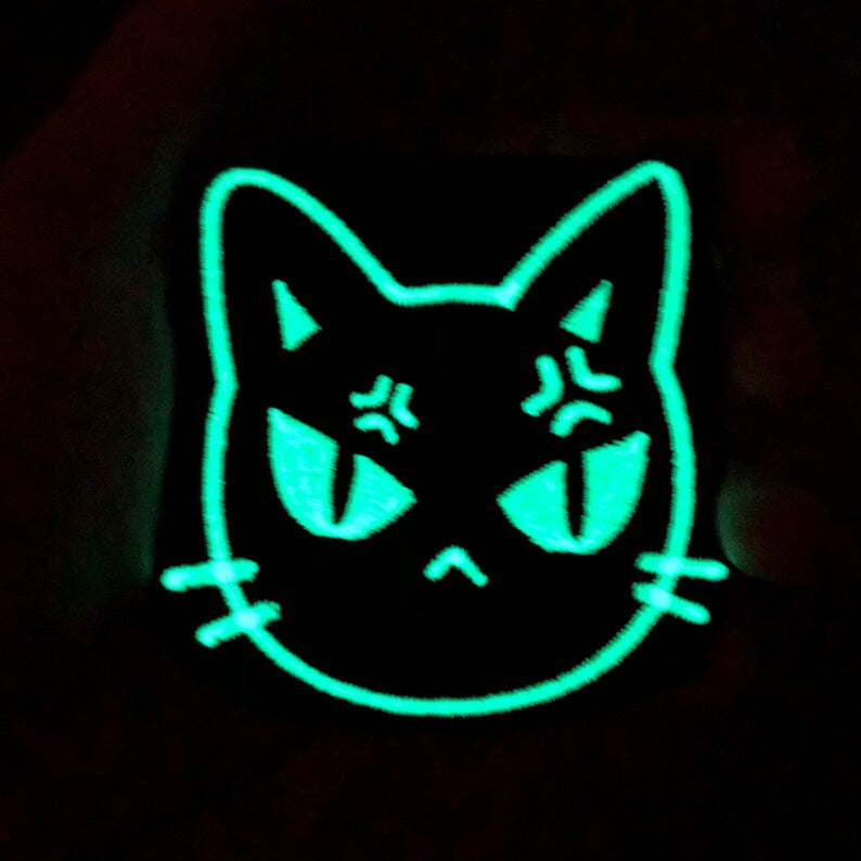 GLOW IN THE DARK ANGRY CAT EMBROIDERED IRON ON PATCH