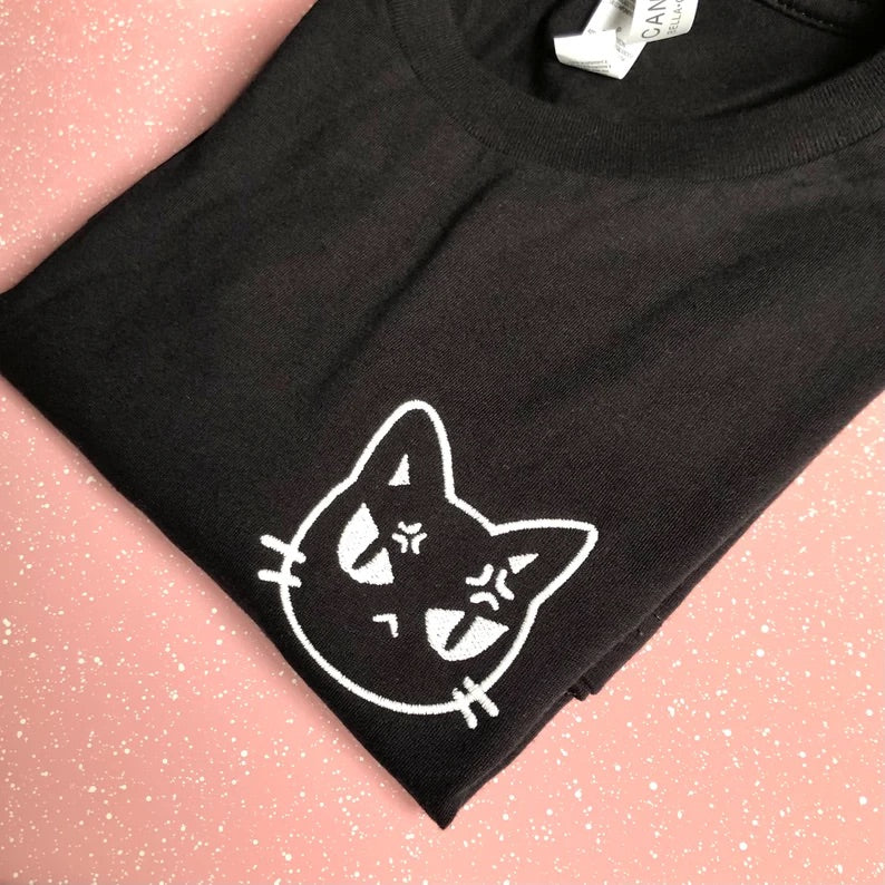 GLOW IN THE DARK ANGRY CAT EMBROIDERED T-SHIRT, ADULT UNISEX