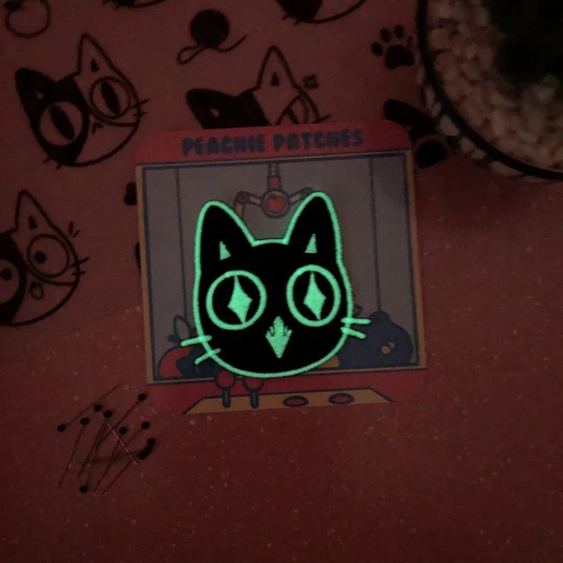 GLOW IN THE DARK EXCITED CAT EMBROIDERED IRON ON PATCH