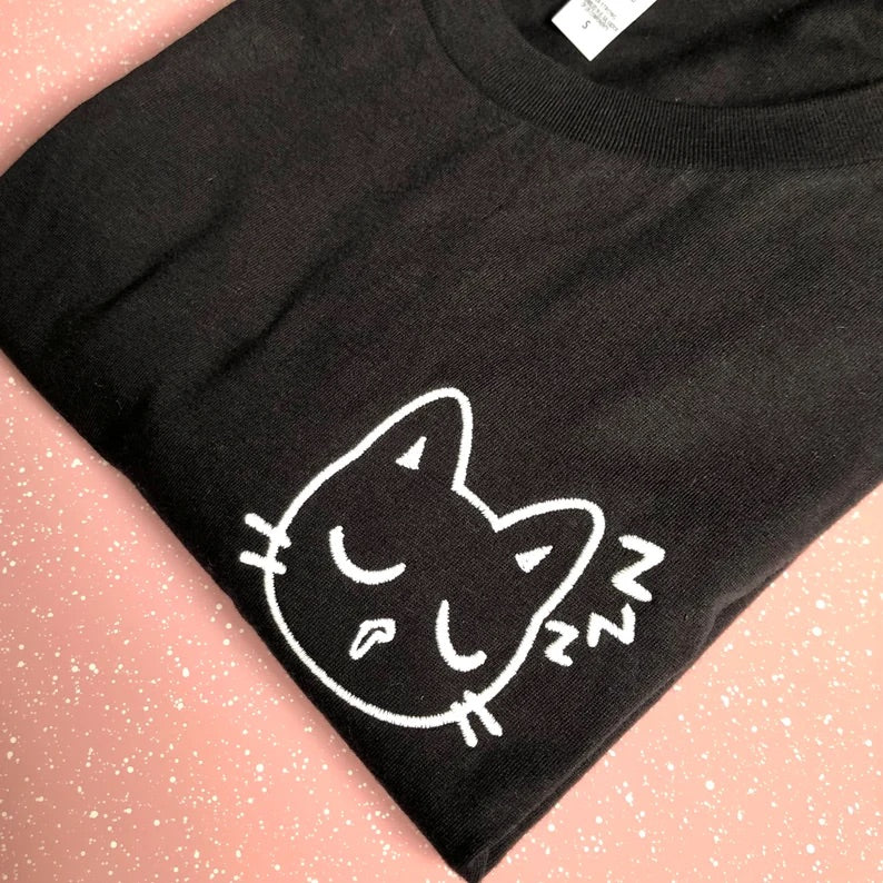 GLOW IN THE DARK SLEEPING CAT EMBROIDERED T-SHIRT, ADULT UNISEX