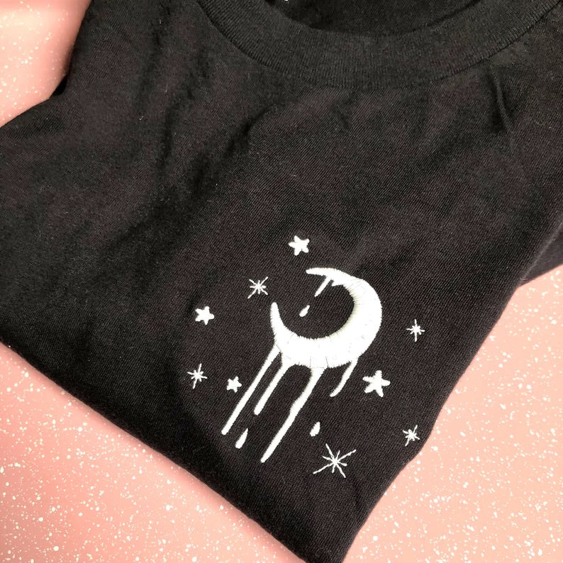 GLOW IN THE DARK MELTING CRESCENT MOON EMBROIDERED T-SHIRT, ADULT UNISEX
