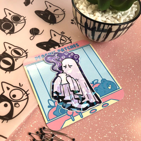 COFFEE GHOST HOLOGRAPHIC CRACKED ICE LAPTOP STICKER