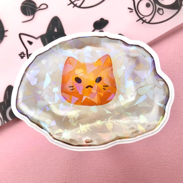 CAT FACE EGG HOLOGRAPHIC CRACKED ICE LAPTOP STICKER