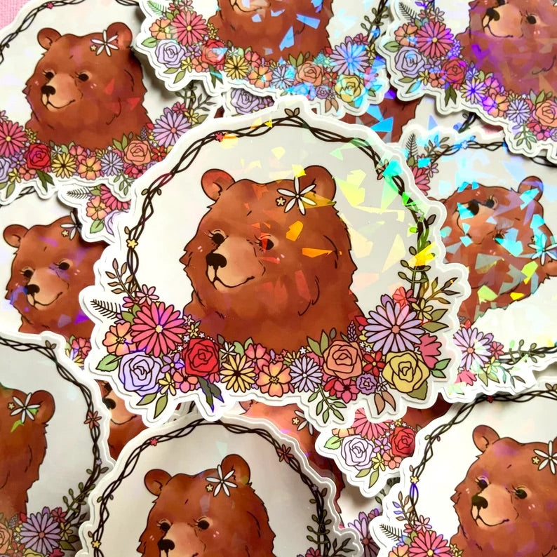 FLORAL BEAR HOLOGRAPHIC CRACKED ICE LAPTOP STICKER