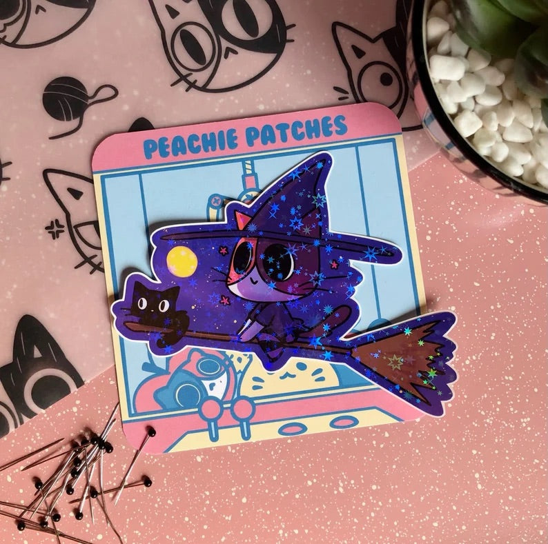 WITCH CAT HOLOGRAPHIC STAR LAPTOP STICKER