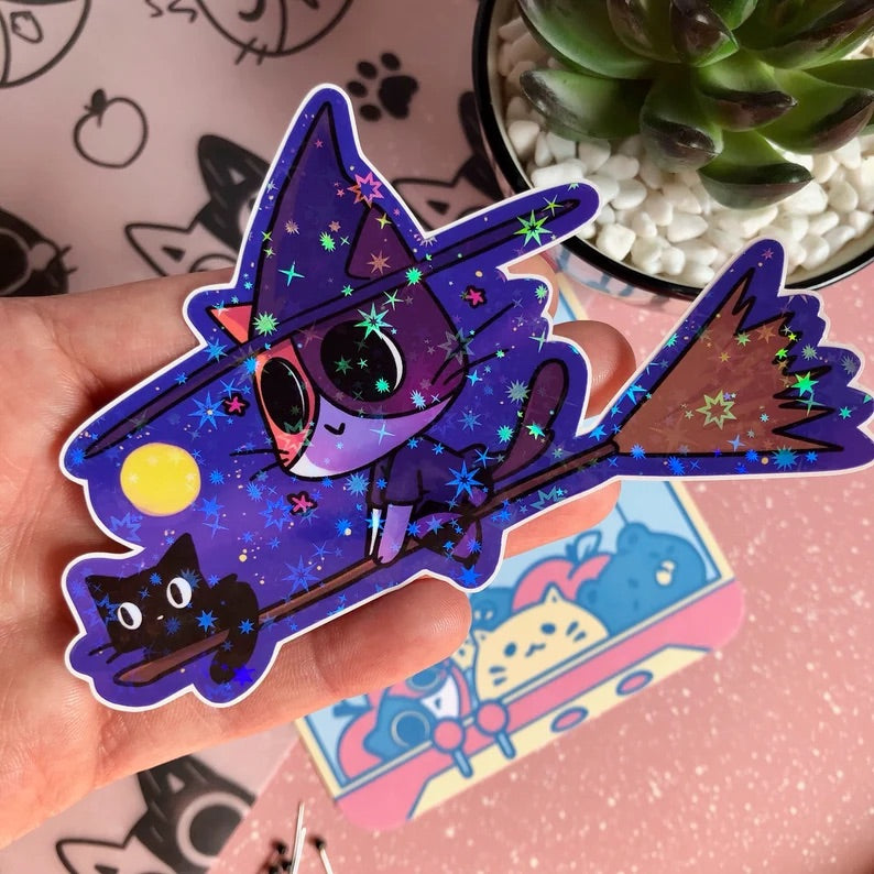 WITCH CAT HOLOGRAPHIC STAR LAPTOP STICKER