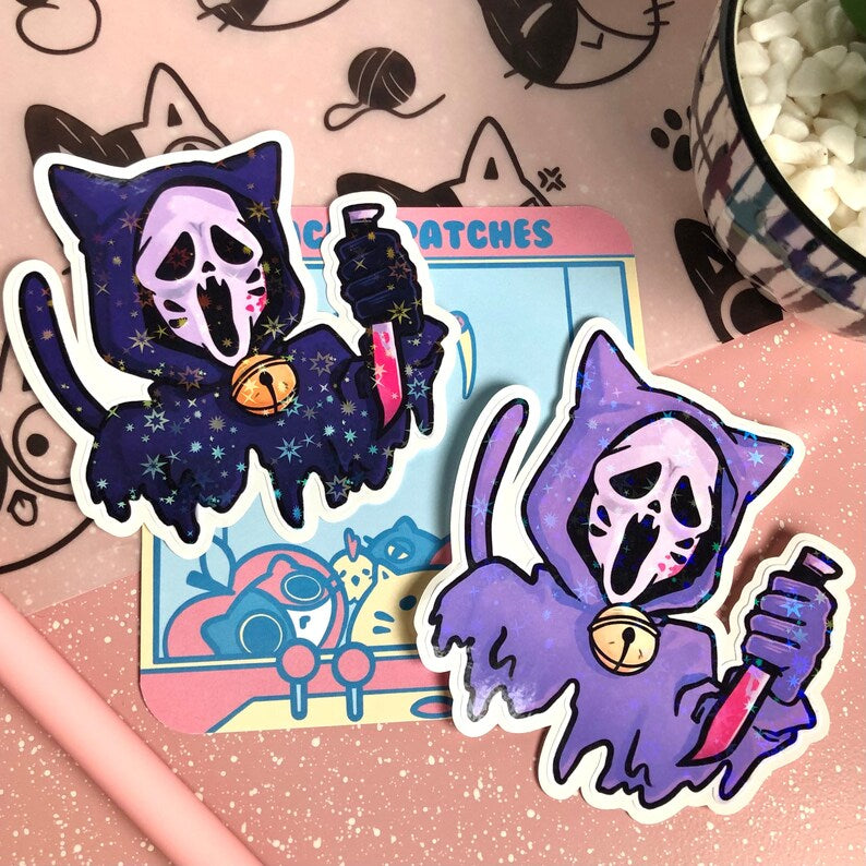 PASTEL CAT GHOST FACE HOLOGRAPHIC CRACKED ICE LAPTOP STICKER