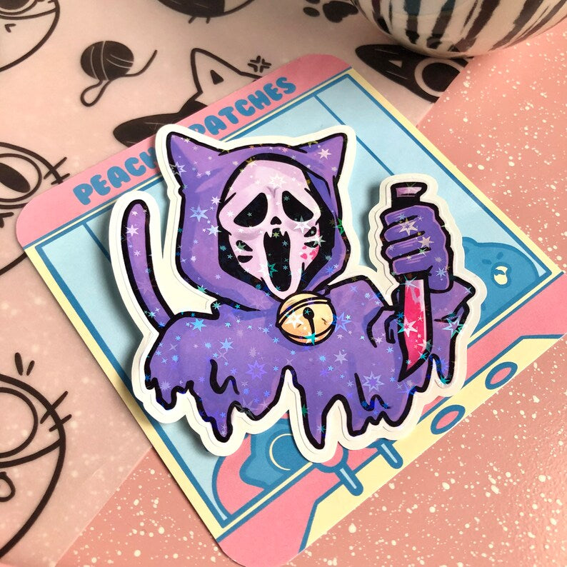PASTEL CAT GHOST FACE HOLOGRAPHIC CRACKED ICE LAPTOP STICKER