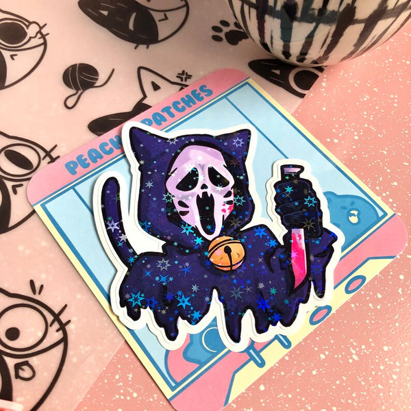 CAT GHOST FACE HOLOGRAPHIC STAR LAPTOP STICKER