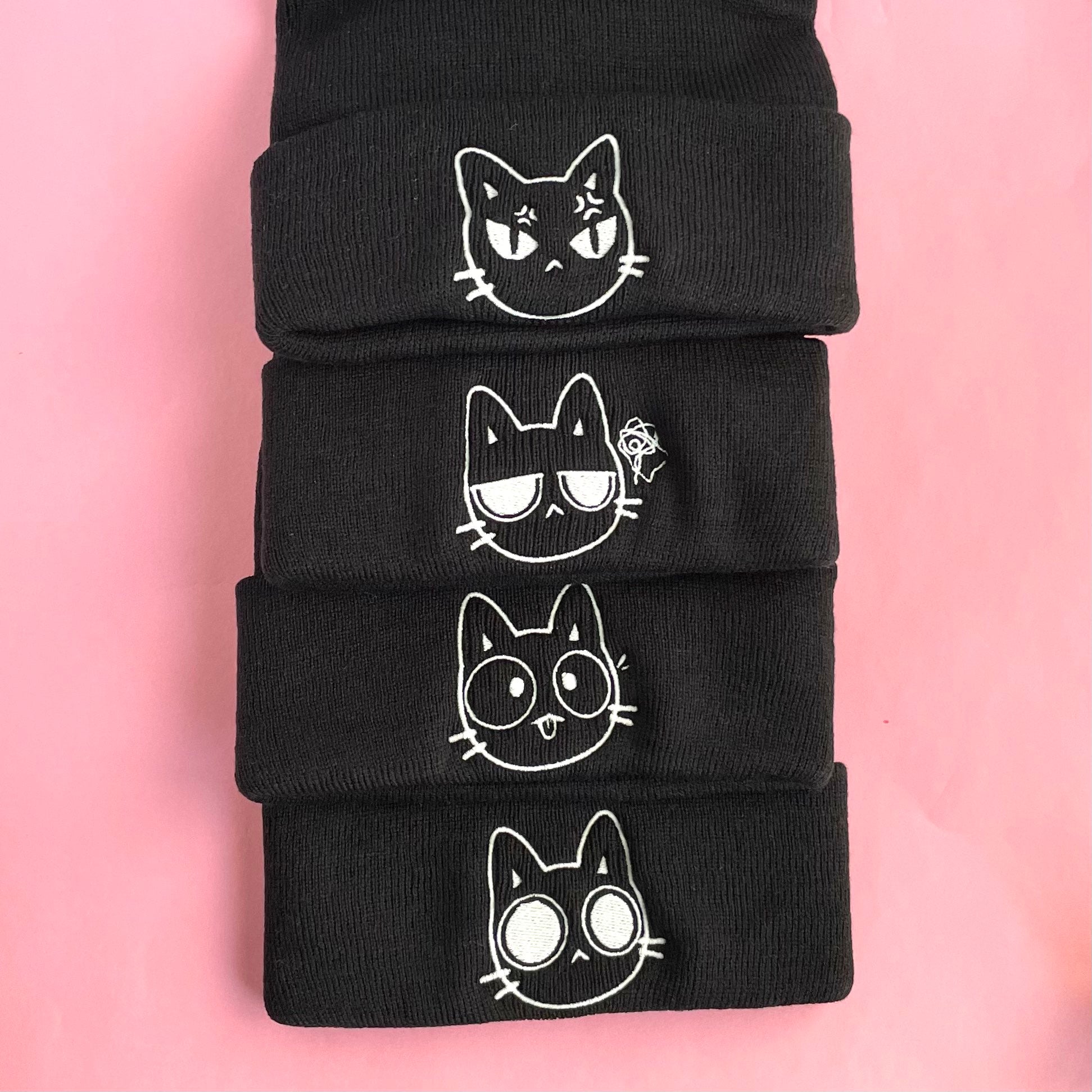 CHOOSE YOUR CAT EXPRESSION EMBROIDERED BEANIE, GLOW IN THE DARK