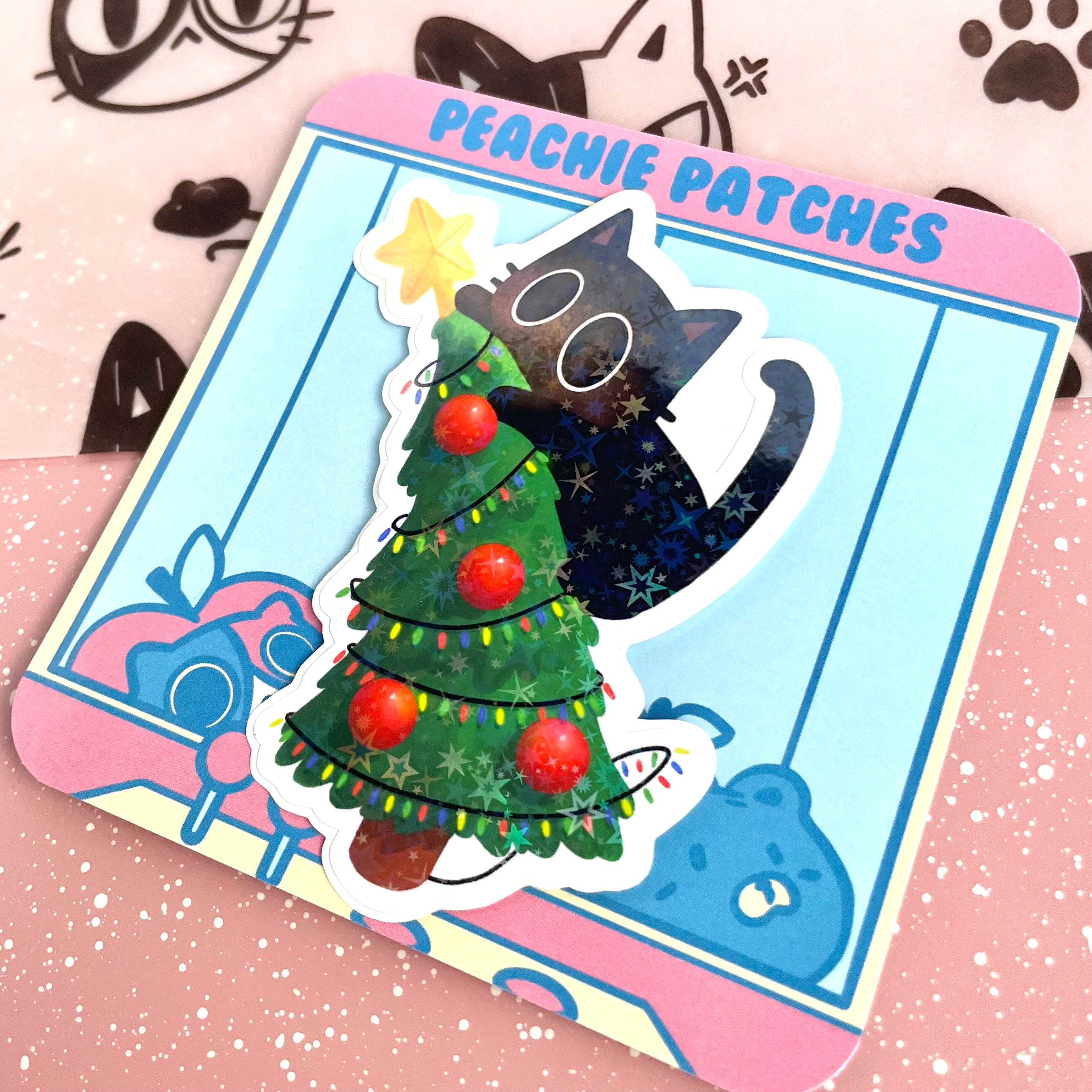NAUGHTY BLACK CAT ON CHRISTMAS TREE HOLOGRAPHIC STAR LAPTOP STICKER