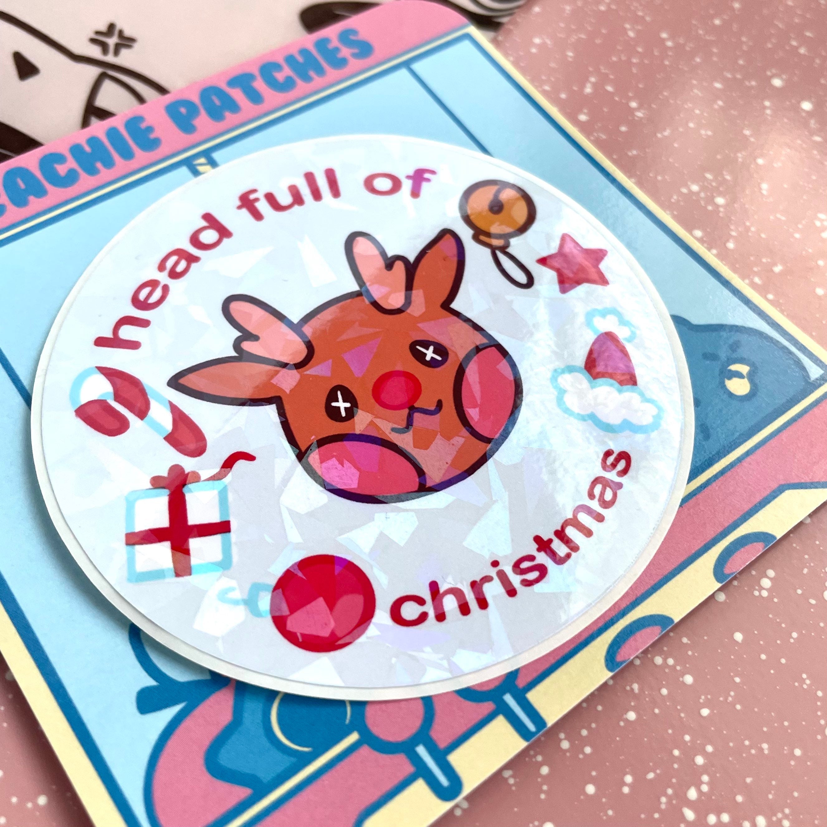 ‘HEAD FULL OF CHRISTMAS’ REINDEER HOLOGRAPHIC CRACKED ICE LAPTOP STICKER