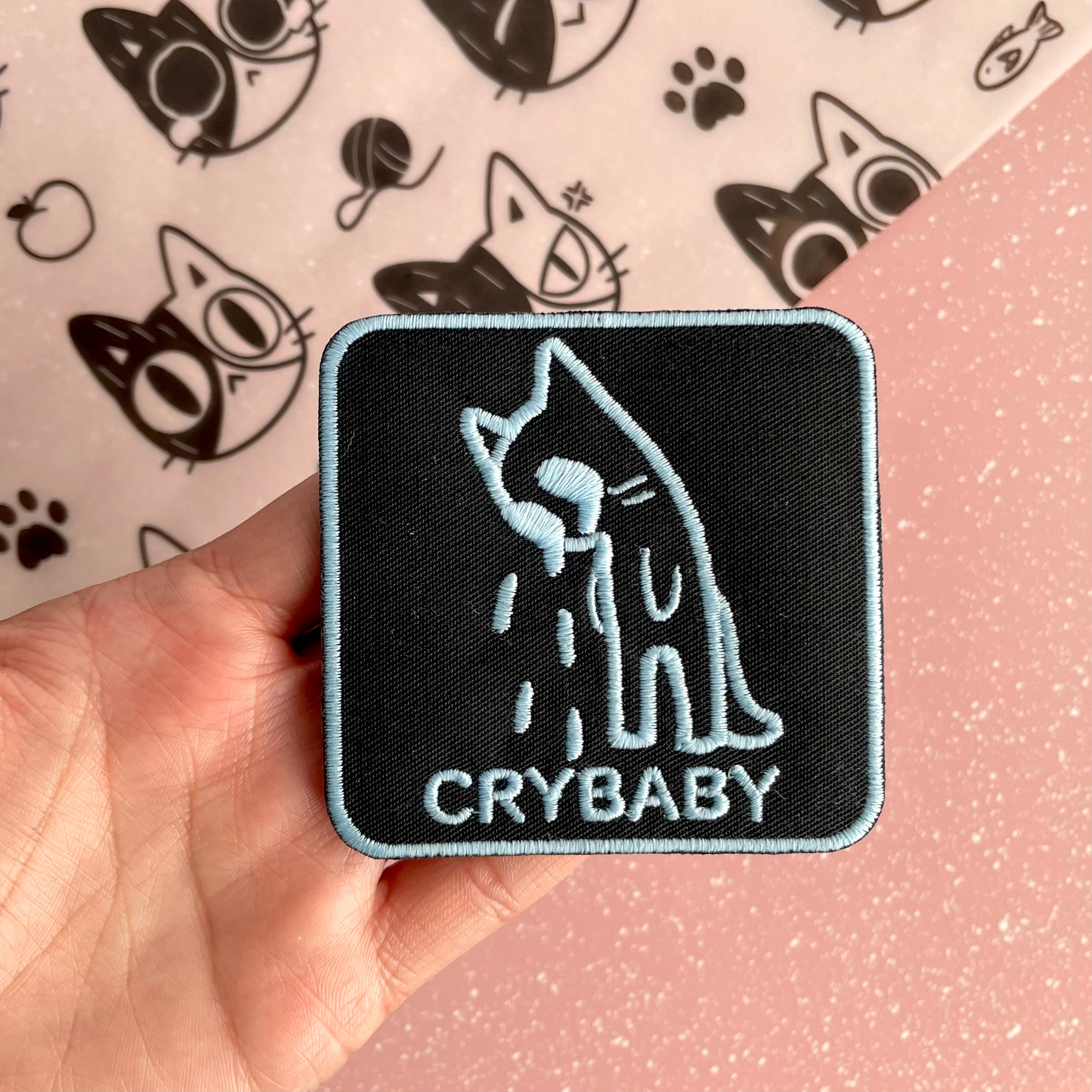 GLOW IN THE DARK CRYBABY CAT EMBROIDERED IRON ON PATCH