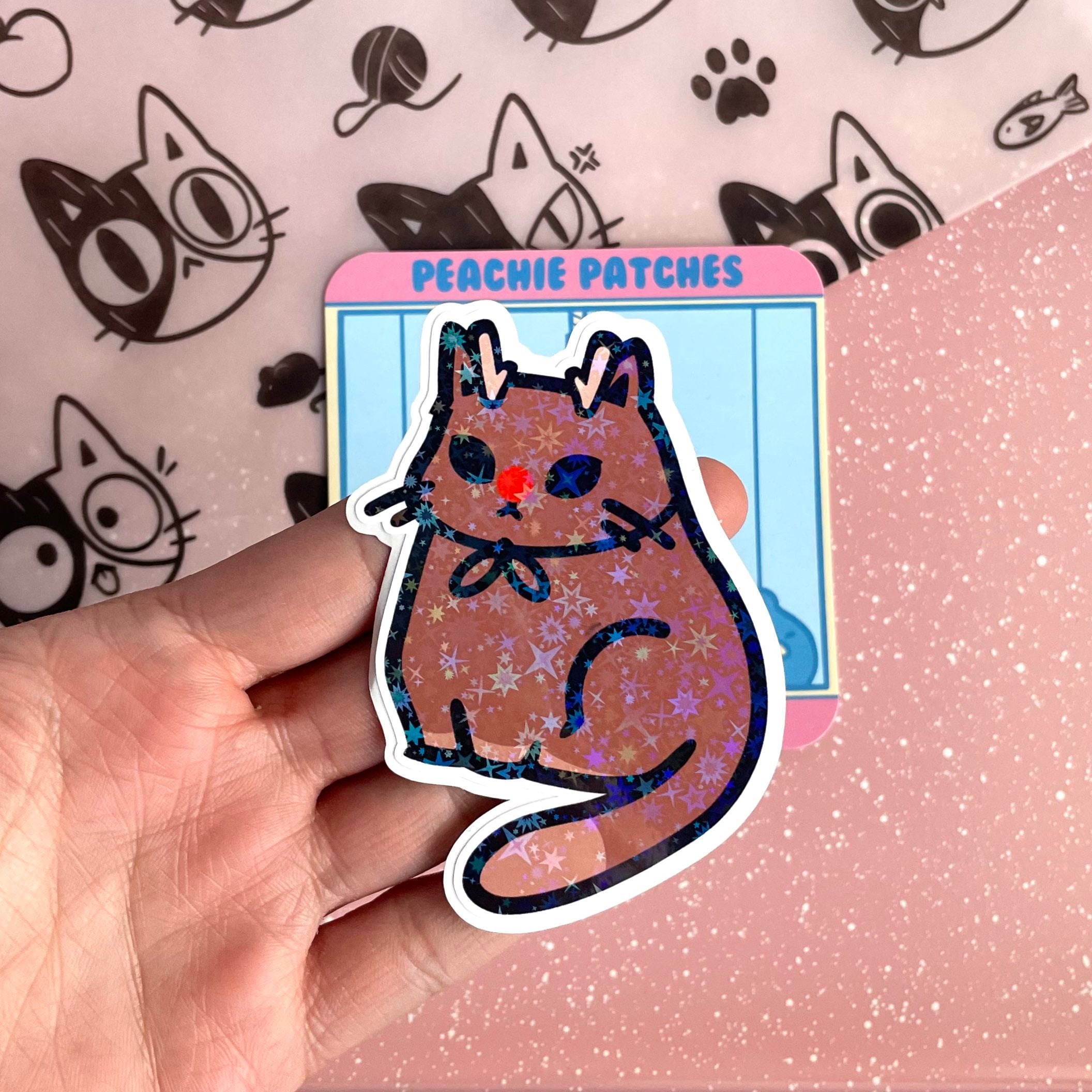 RED NOSED REINDEER CAT HOLOGRAPHIC STAR LAPTOP STICKER